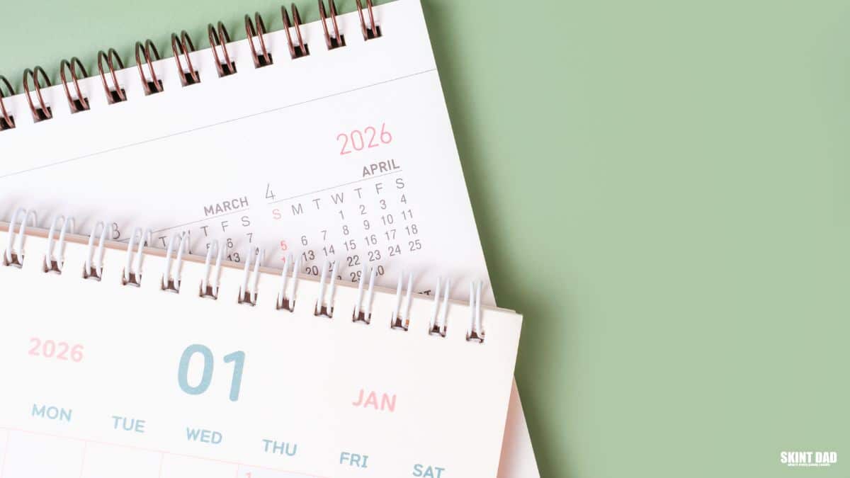 Desk calendar showing 2026 dates on a green background, with pages overlapping on a table.